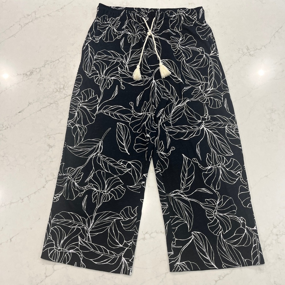 Calypso St Barth Wide Leg Pants Women XL Black White Linen Cotton Floral Coastal
